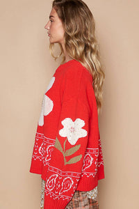 Long sleeve flower point chenille sweater top: Red