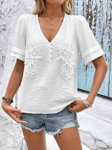 Casual V-Neck Pullover Solid Short Sleeve Blouse