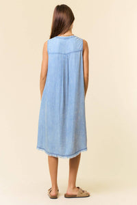 TENCEL DENIM KNEE LENGTH SLEEVELESS HENLEY DRESS