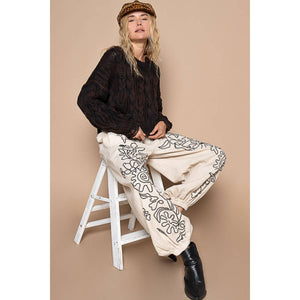 Floral embroidered pattern solid twill pants: OATMILK