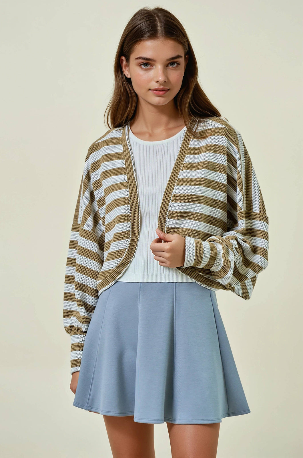 STRIPED KNIT EXAGGERATED SLEEVE SHRUG