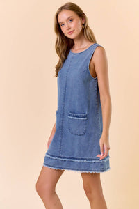 DENIM LOW SCOOP BACK SLEEVELESS MINI DRESS