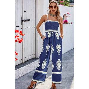 Off Shoulder Ruched Printed High Waist Jumpsuit