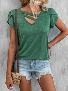 SOLID COLOR V-NECK PETAL-SLEEVED LOOSE BLOUSE