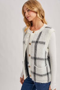 BUTTON DOWN PLAID FUZZY KNIT SWEATER VEST