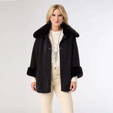 3/4 Sleeve Button Faux Fur Trim Jacket