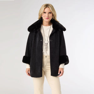 3/4 Sleeve Button Faux Fur Trim Jacket
