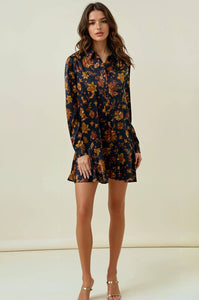 DARK FLORAL BUTTON FRONT DROP WAIST MINI DRESS