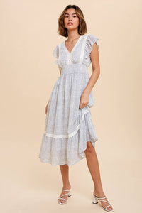 RUFFLED LACE TRIM SPECKLED MIDI DRESS