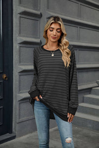 Striped Contrast Crew Neck Long Sleeve Pocket Sweater