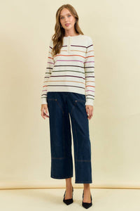 MULTI STRIPES BUTTON DOWN HENRY NECK SWEATER