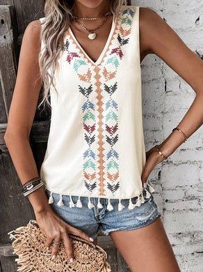 Tassel Trim V-Neck Comfy Sleeveless Tank Top