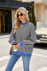 Striped Crew Neck Contrast Color Loose Long Sleeve Sweater