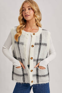 BUTTON DOWN PLAID FUZZY KNIT SWEATER VEST
