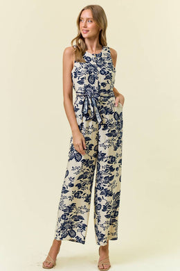 PAISLEY PRINTED ZIP FRONT SLVLESS JUMPSUIT