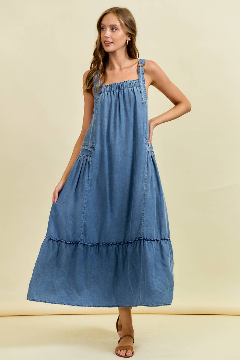 tencel maxi overall dress with tiered ruffle