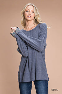 Hacci Brushed Top With Contrast Sleeve Detail