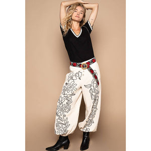 Floral embroidered pattern solid twill pants: OATMILK