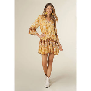 Payton Ruffle Sleeve Dress: Mustard Floral Print