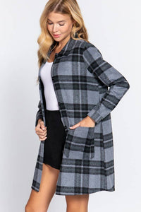 Long Sleeve With Pocket Brushed Plaid Long Jacket