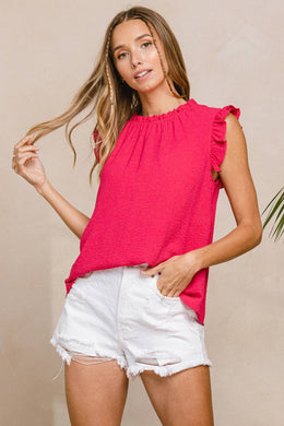Ces Femme USA - Solid Shirring Neck Sleeveless Top/ TT3612SD: FUSCHIA / S-M-L (2-2-2)
