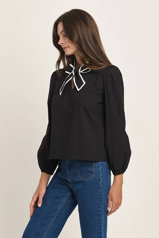 Contrast Trim Bow Tie Blouse