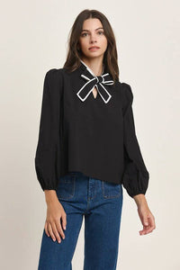 Contrast Trim Bow Tie Blouse