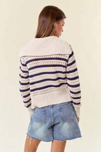 Zip-Up Striped Pointelle Open Knit Sweater Jacket