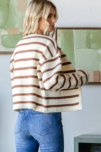 STRIPE BUTTON UP CARDIGAN: Brown