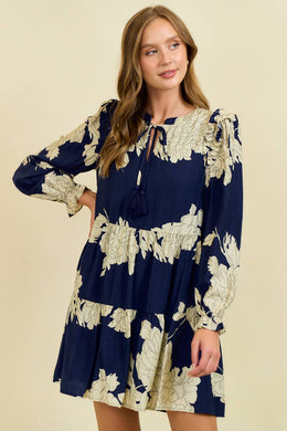 FLORAL PRINT SPLIT V NECK LSLV TIERED MINI DRESS