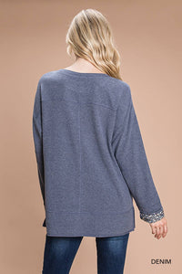 Hacci Brushed Top With Contrast Sleeve Detail