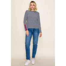 COLOR TAPED BUTTON CUFF STRIPED TOP