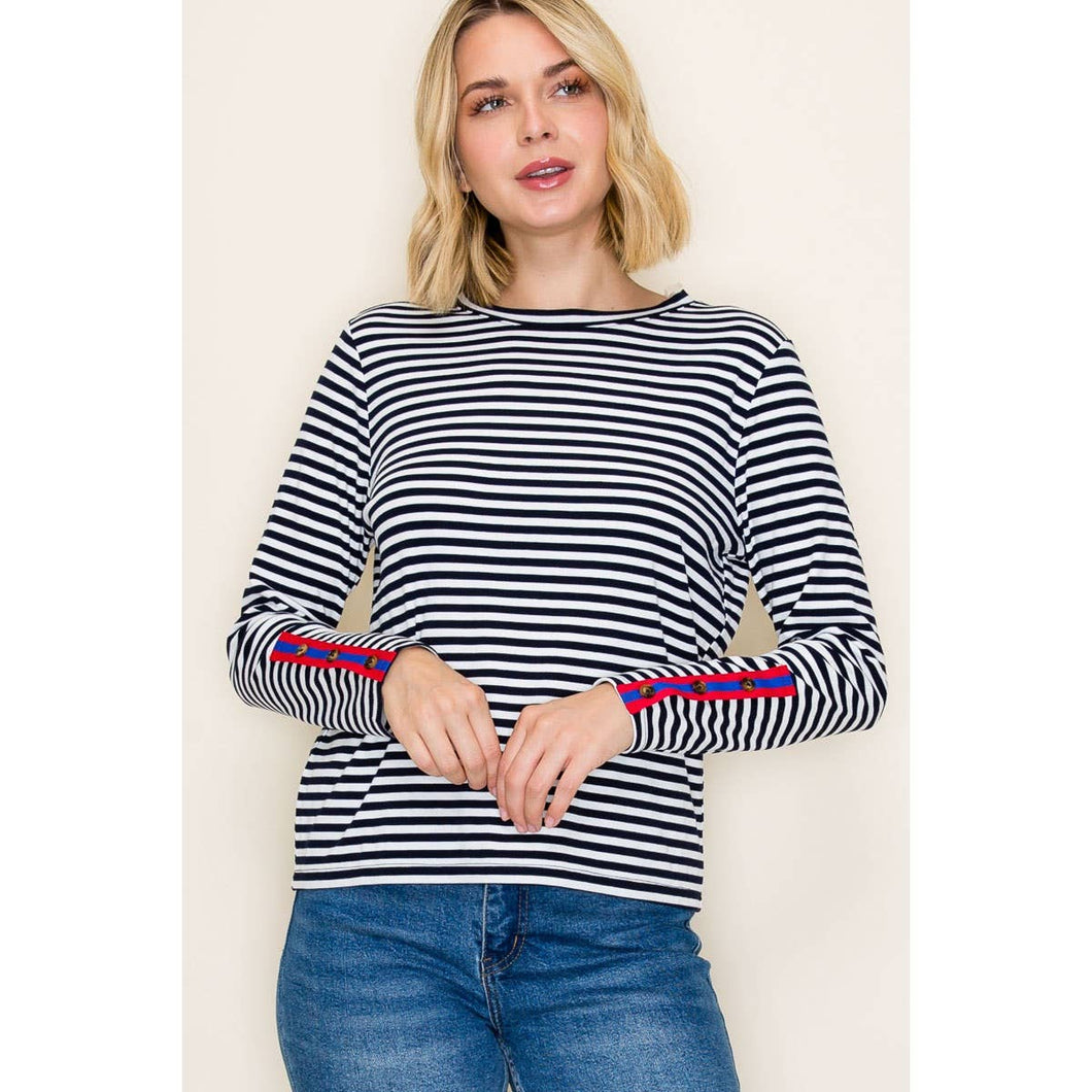 COLOR TAPED BUTTON CUFF STRIPED TOP
