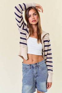 Zip-Up Striped Pointelle Open Knit Sweater Jacket