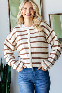 STRIPE BUTTON UP CARDIGAN: Brown