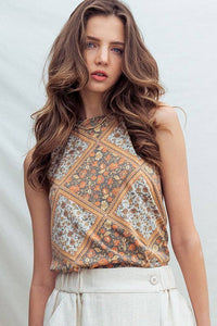 SLEEVELESS ALL OVER AZTEC GEOMETRIC PRINT ROUND NECK TANK TOP