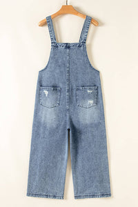 Distressed Pocketed Wide Leg Capri Denim Overall