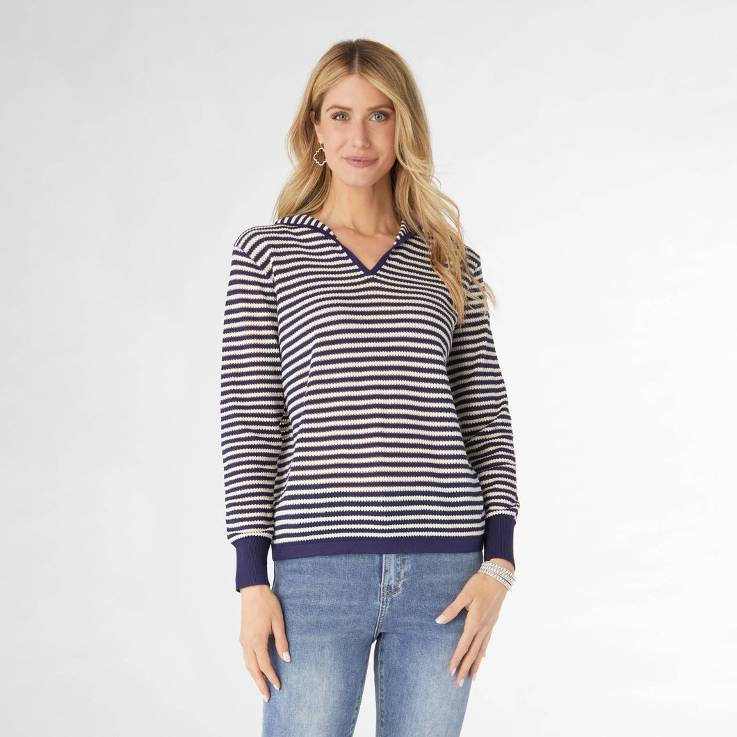 Aruni V-Neck Striped Knit Top with Hood
