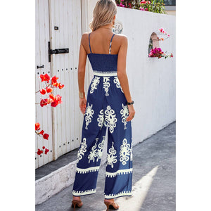 Off Shoulder Ruched Printed High Waist Jumpsuit