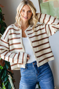 STRIPE BUTTON UP CARDIGAN: Brown