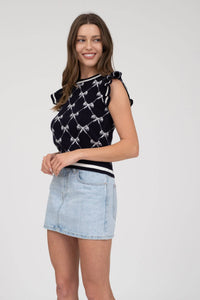 BOW PATTERN RUFFLE SLEEVE SWEATER KNIT TOP
