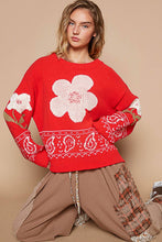 Long sleeve flower point chenille sweater top: Red