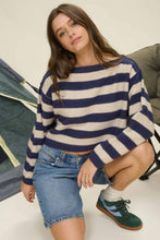 STRIPE EXPOSED SEAM LONG SLEEVE CROPPED SWEATER