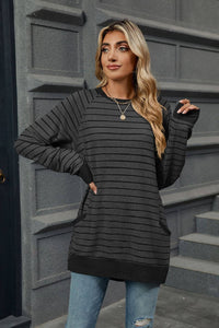 Striped Contrast Crew Neck Long Sleeve Pocket Sweater