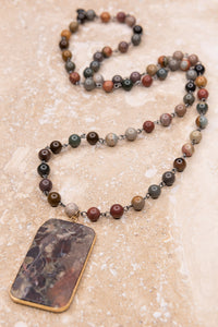 Natural Mixed Stone Beaded Necklace With Rectangle Stone Pendant