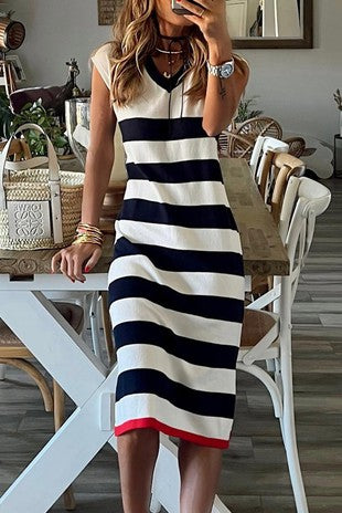 Striped Midi Dress With Red Accent