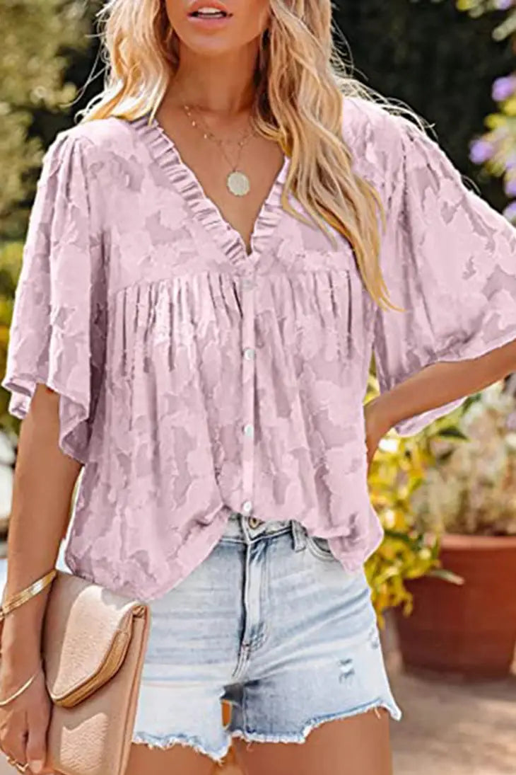 Chiffon Flared Sleeve Lace Cut Out Button Top