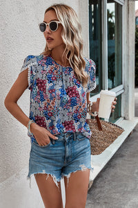 Floral Round Neck Cross Sleeves Lace Hem Tee