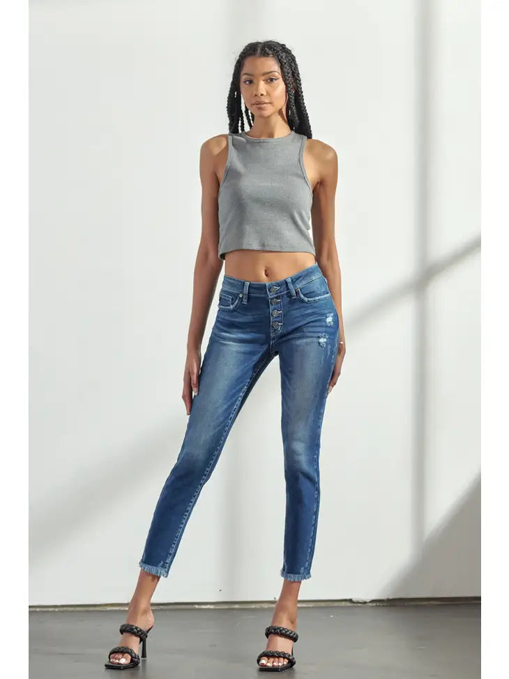 Mid Rise Button Fly Ankle Skinny