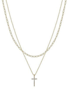 Chain Layered with Rhinestone Cross Pendant Necklace